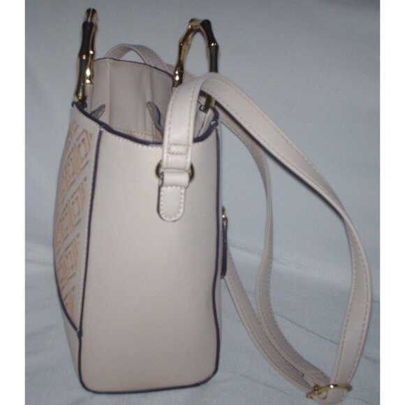 Liz Claiborne Beige Purse & Strap Silver Design Window Pane w/Gold Tone Handle - Picture 4 of 10